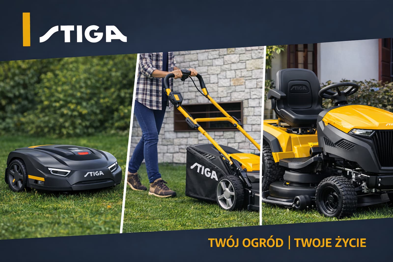 „STIGA – robot koszący, kosiarka akumulatorowa i traktor ogrodowy w jednym kolażu